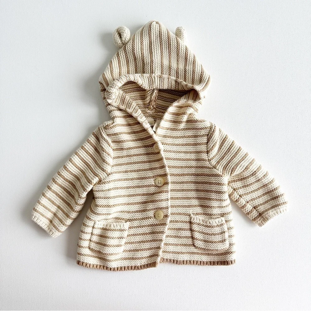 Baby Gap Baby Bear Garter Cardigan Sweater Oatmeal Stripe Size 0-3 Months